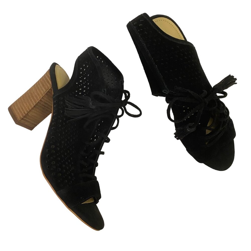 Marc Fisher Satire Perforated Suede Leather Lace Up Booties Tassels Black Size 8